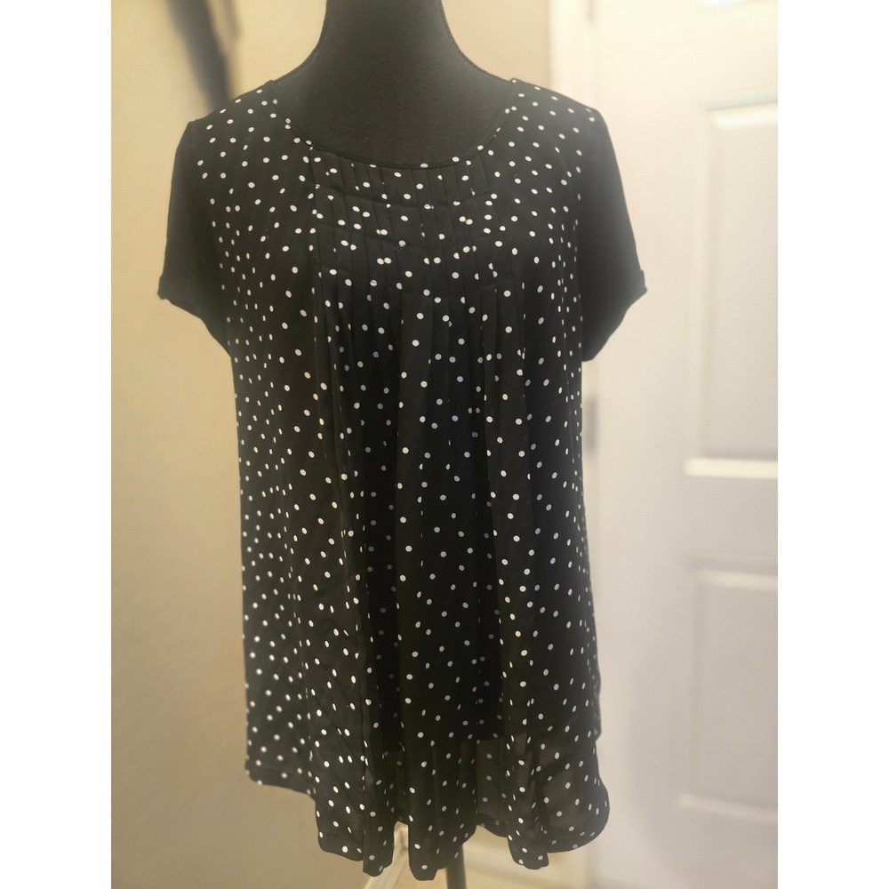 ELLE Women's Large Black White Polka Dot Pleated Blouse Short Sleeve Career Top